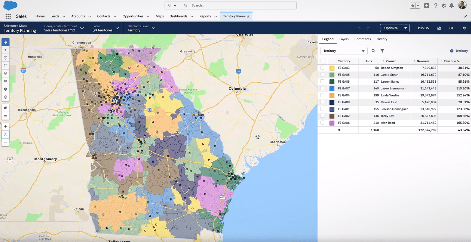 Mapped view of a sales territory distribution in Salesforce Maps Territory Planning. Mapped view of a sales territory distribution in Salesforce Maps Territory Planning.